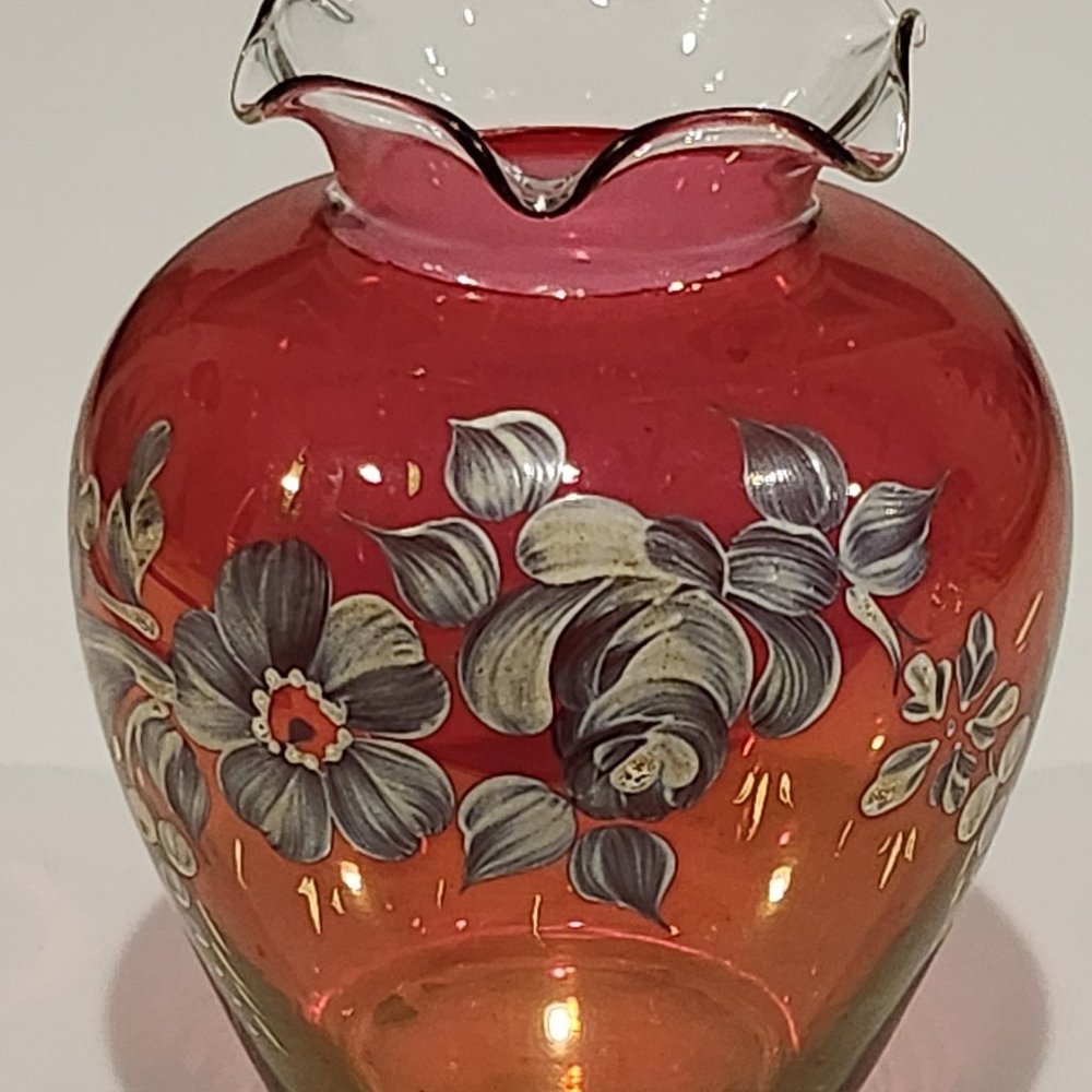 Rainbow Art Glass Vintage Cranberry Hand Painted Floral Ruffle Vase Cranberry Ar